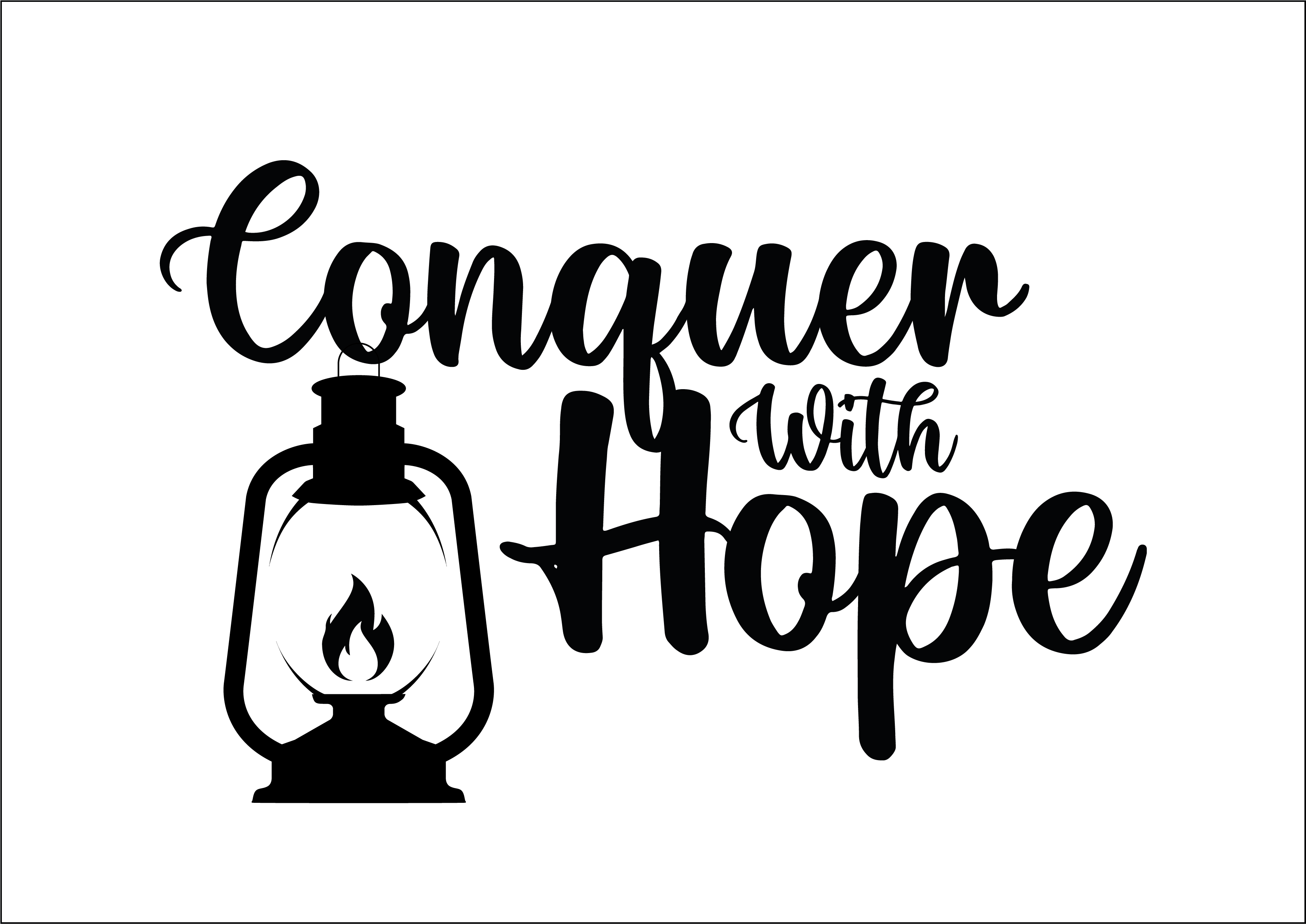 Our New Logo! Conquer With Hope written in cursive font with a small lantern with a little flame. All done black and white