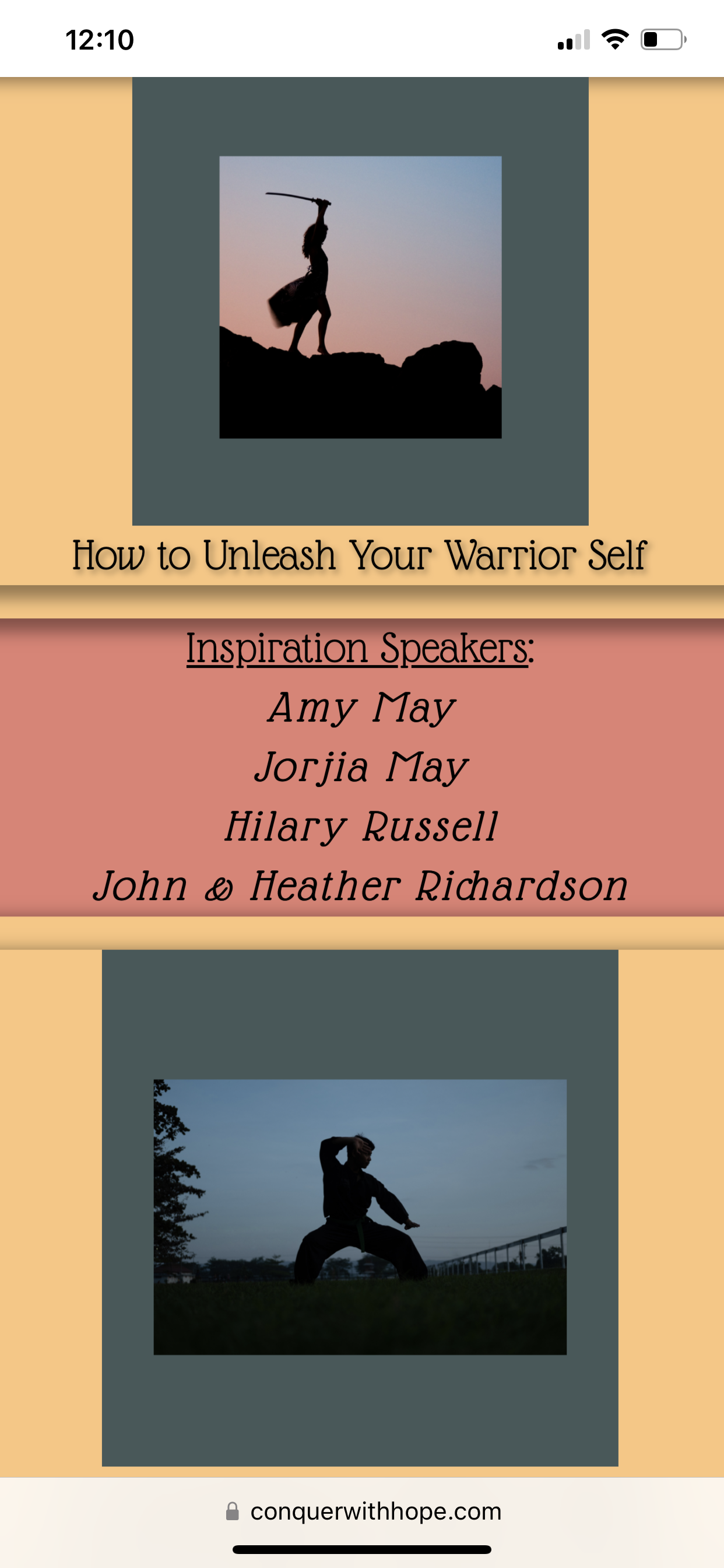 A screen shot of the website with a photo of a warrior on top and then a warrior on bottom - with speaker names listed between 