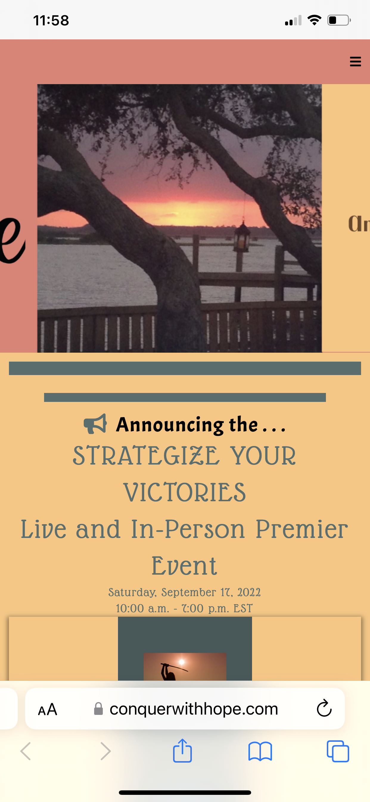 A screen shot of a bit of the website announcing the event. Colors are a beautiful coral and green. In the Screenshot is also a photo of a tree, deck and sunrise. 
