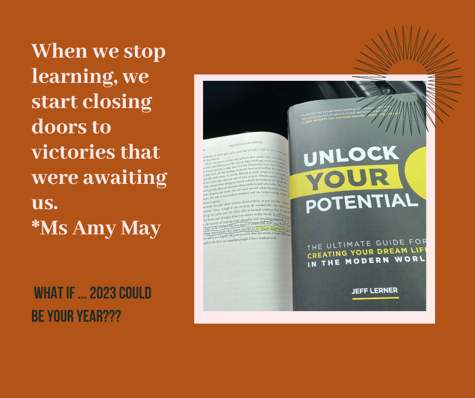 A photo of Unlock Your Potential , opened to a page with a note underlined. All on a Canva content post. 