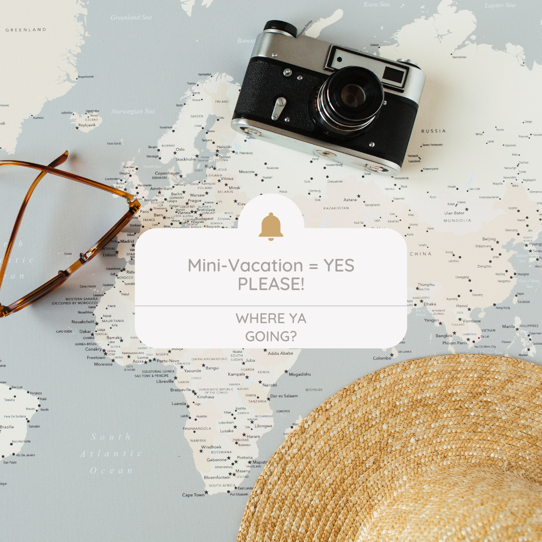 A photo of a map, with a camera, sunglasses and straw hat laying on it. 